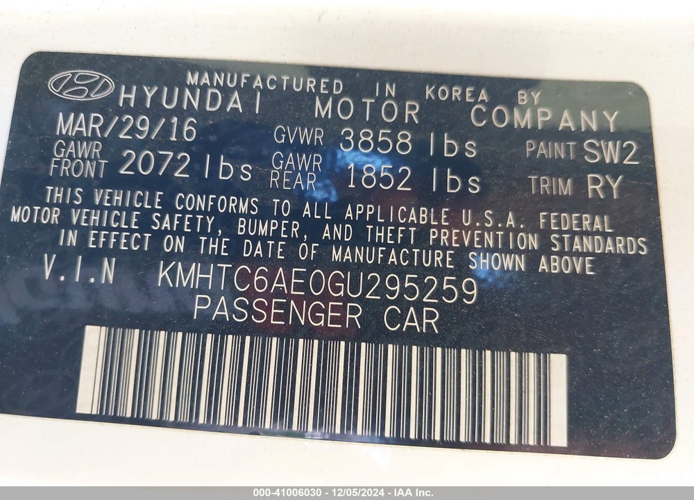 2016 HYUNDAI VELOSTER TURBO VIN: KMHTC6AE0GU295259