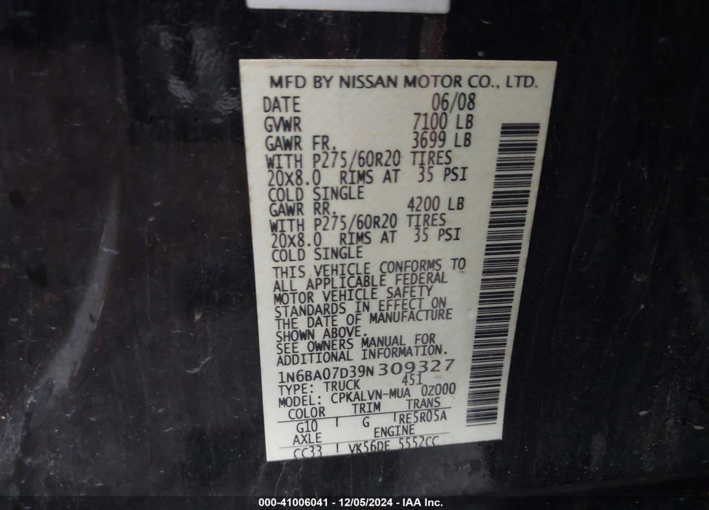 2009 NISSAN TITAN VIN: 1N6BA07D39N309327