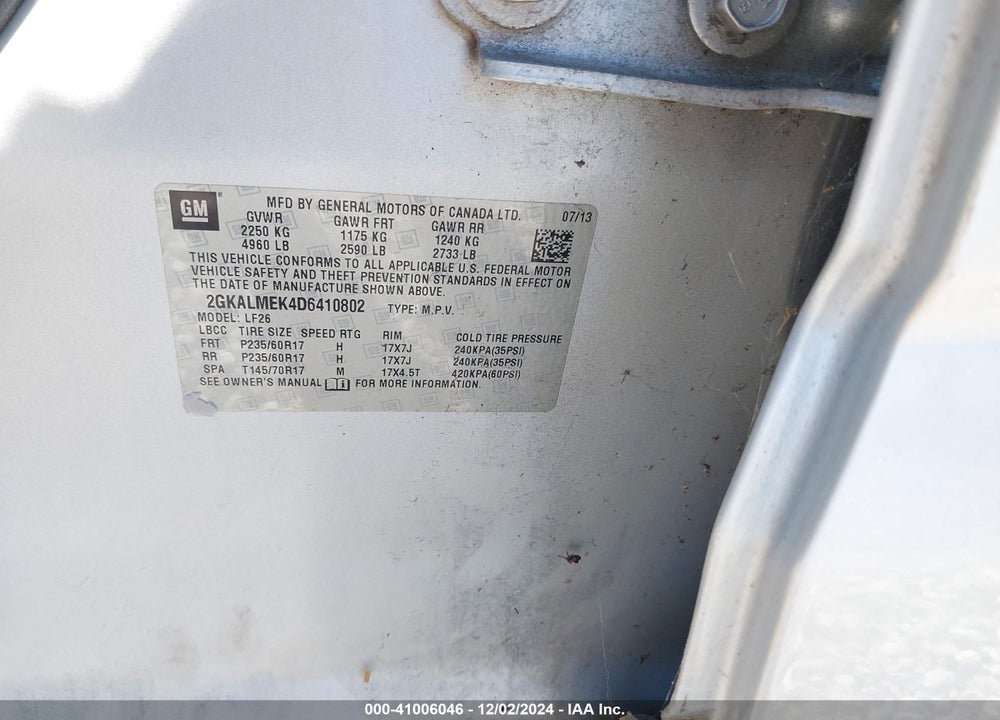 2013 GMC TERRAIN SLE-1 VIN: 2GKALMEK4D6410802