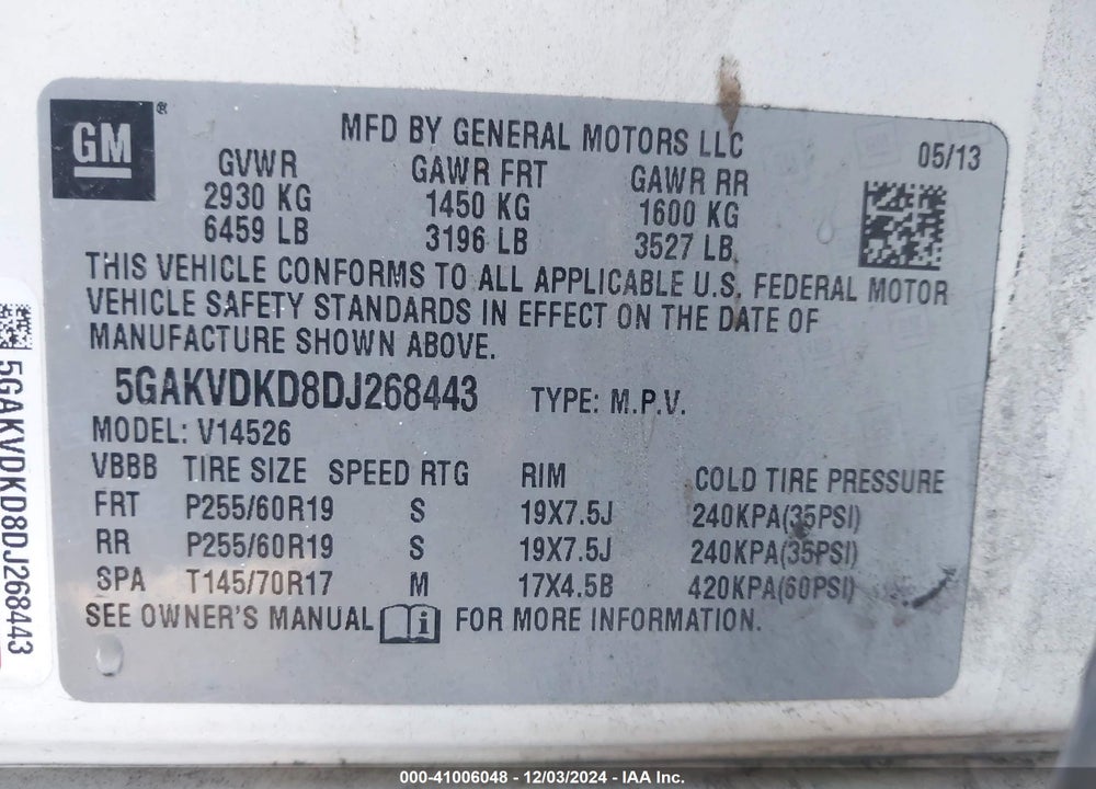 2013 BUICK ENCLAVE PREMIUM VIN: 5GAKVDKD8DJ268443