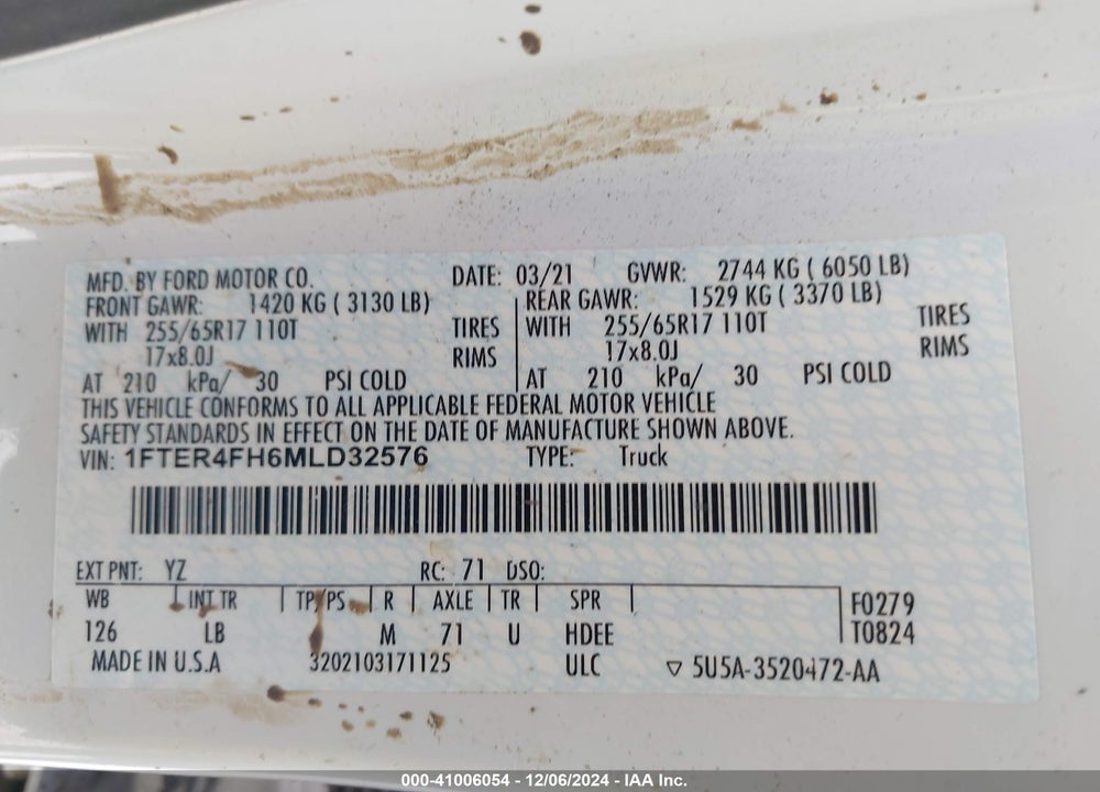 2021 FORD RANGER XLT VIN: 1FTER4FH6MLD32576