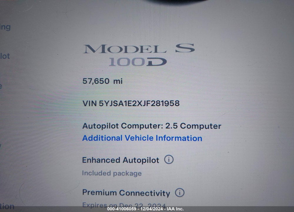 2018 TESLA MODEL S 100D/75D/P100D VIN: 5YJSA1E2XJF281958