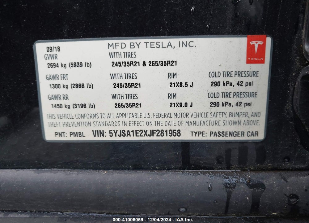 2018 TESLA MODEL S 100D/75D/P100D VIN: 5YJSA1E2XJF281958
