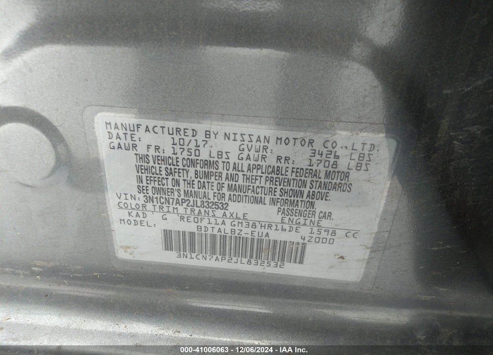 2018 NISSAN VERSA 1.6 SV VIN: 3N1CN7AP2JL832532