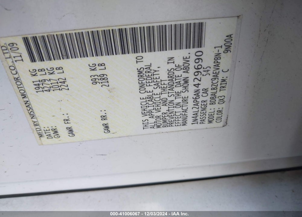 2010 NISSAN ALTIMA 2.5 S VIN: 1N4AL2AP6AN429690