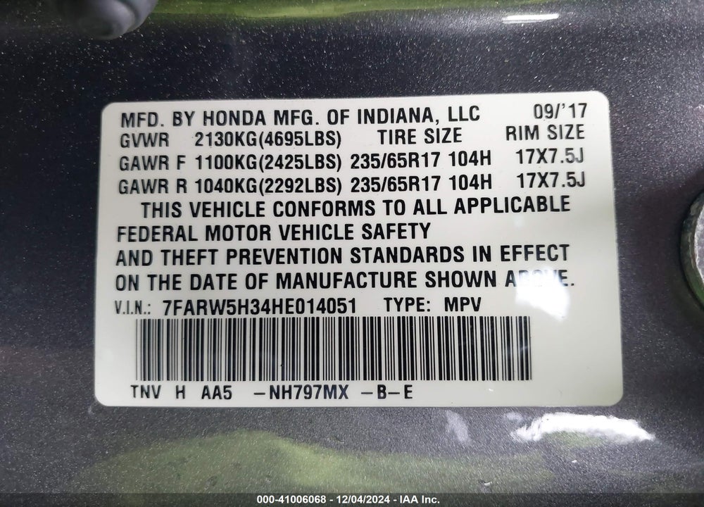 2017 HONDA CR-V LX VIN: 7FARW5H34HE014051