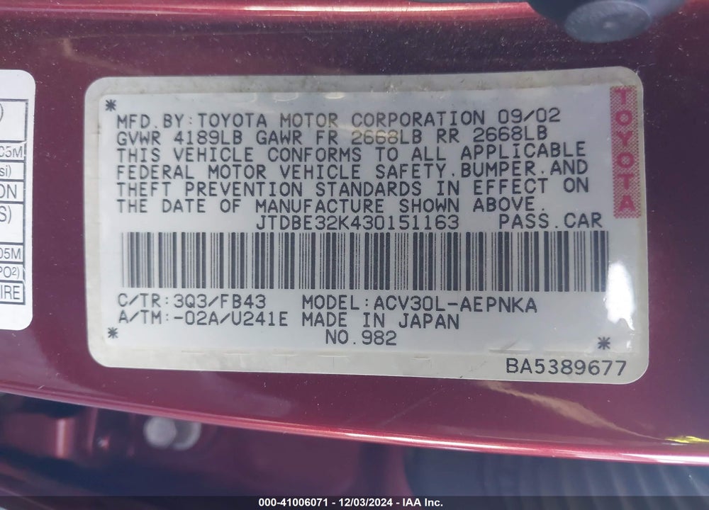 2003 TOYOTA CAMRY LE VIN: JTDBE32K430151163