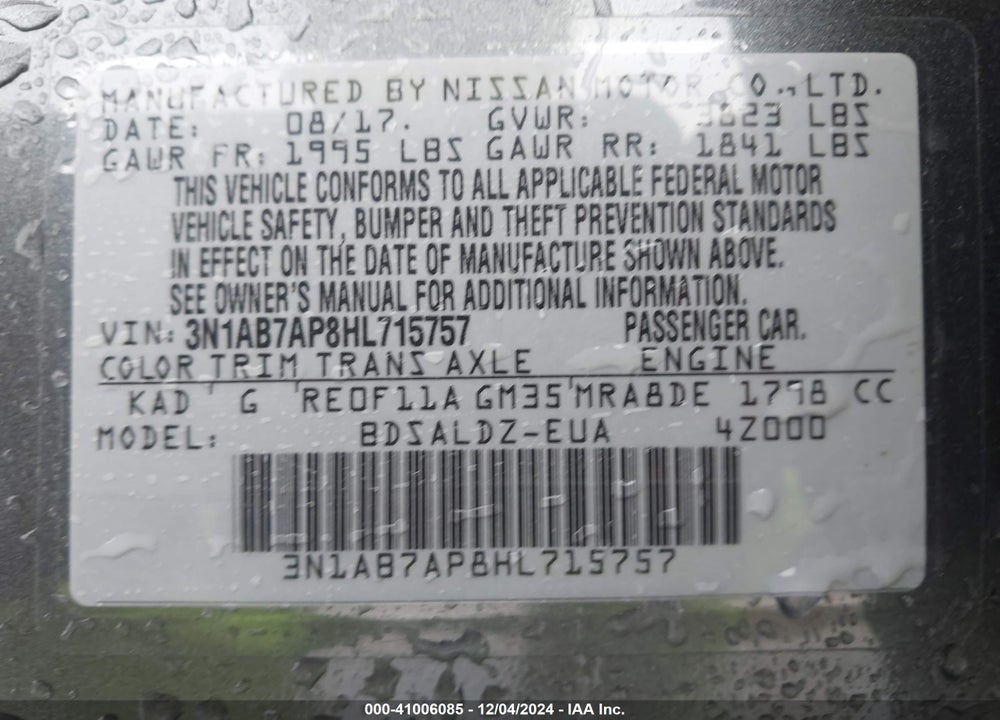 2017 NISSAN SENTRA SV VIN: 3N1AB7AP8HL715757