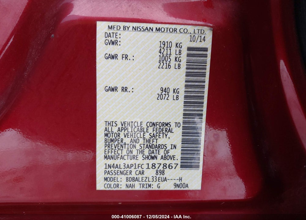 2015 NISSAN ALTIMA VIN: 1N4AL3AP1FC187867