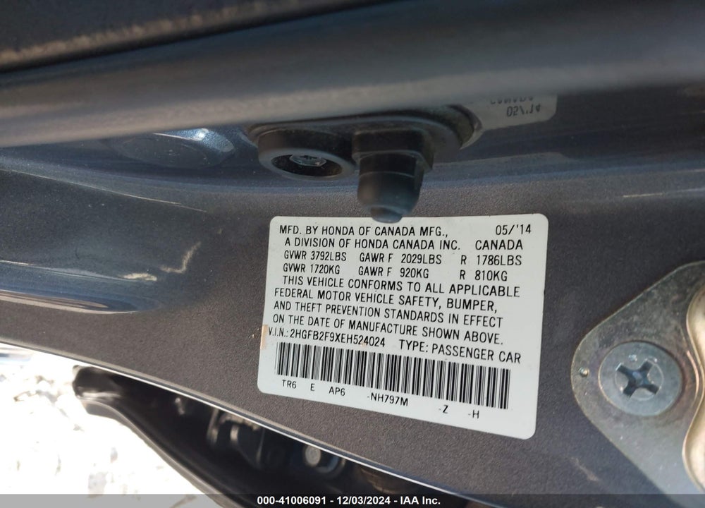 2014 HONDA CIVIC VIN: 2HGFB2F9XEH524024