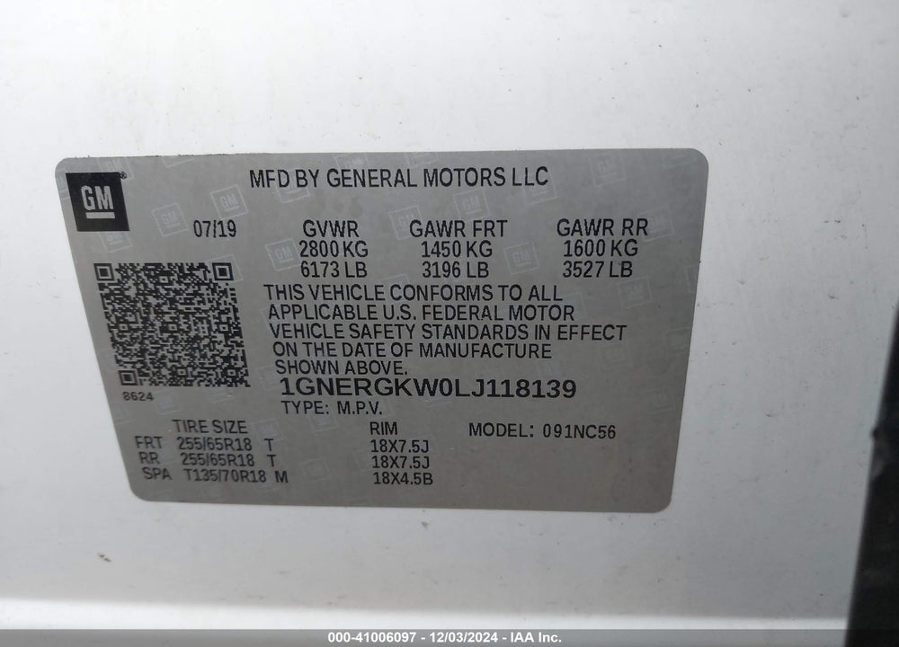 2020 CHEVROLET TRAVERSE FWD LT CLOTH VIN: 1GNERGKW0LJ118139