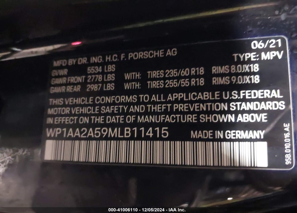 2021 PORSCHE MACAN VIN: WP1AA2A59MLB11415