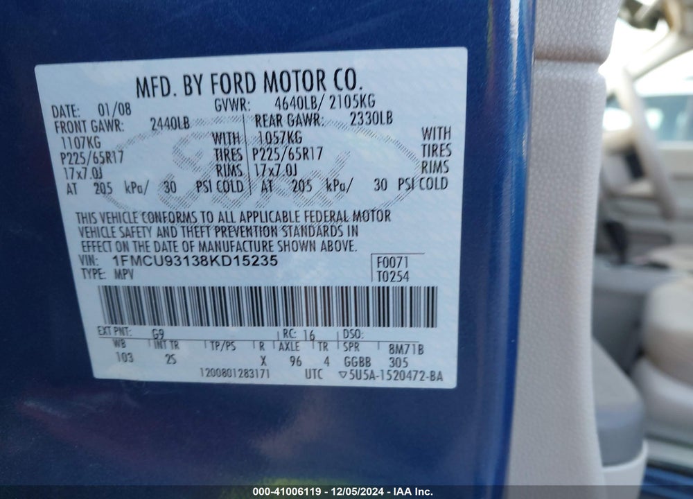 2008 FORD ESCAPE XLT VIN: 1FMCU93138KD15235