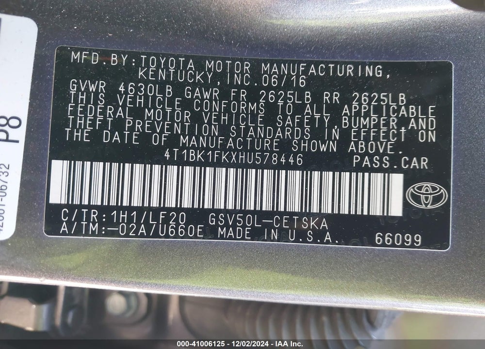 2017 TOYOTA CAMRY XSE V6 VIN: 4T1BK1FKXHU578446