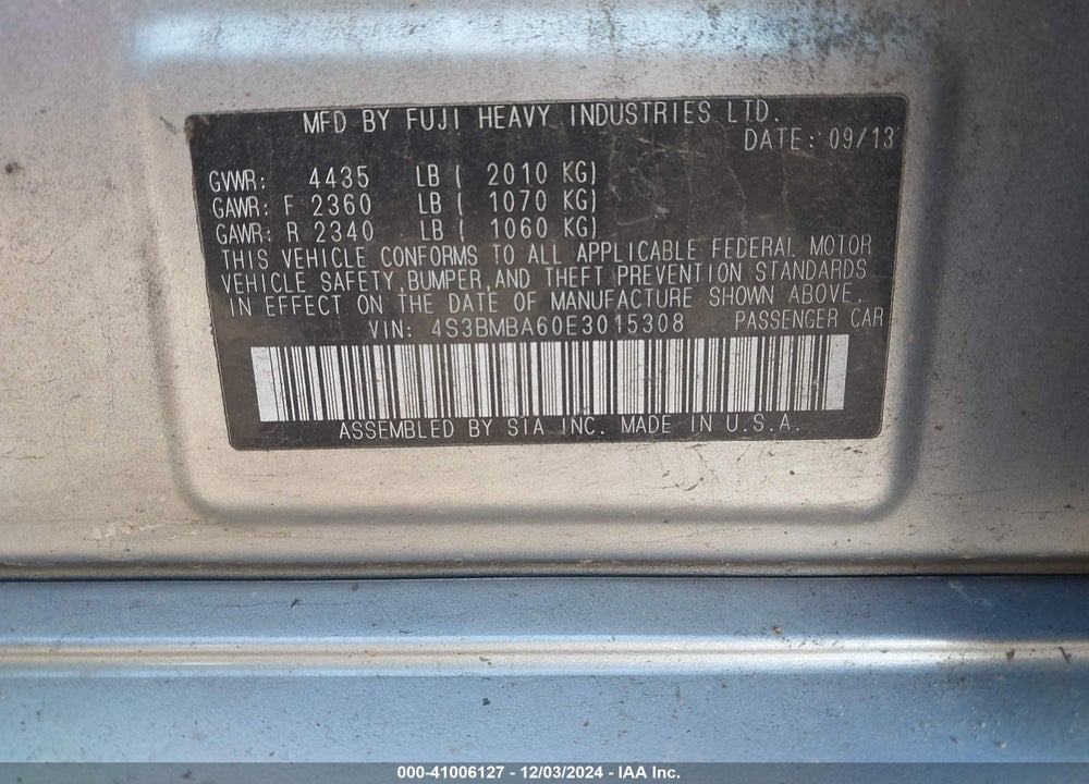 2014 SUBARU LEGACY 2.5I VIN: 4S3BMBA60E3015308
