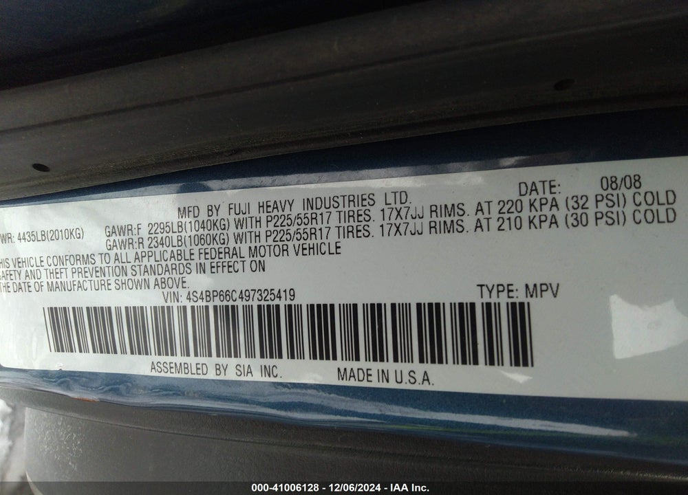 2009 SUBARU OUTBACK 2.5I LIMITED VIN: 4S4BP66C497325419