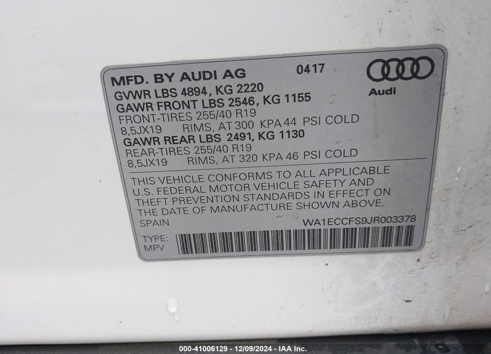2018 AUDI Q3 2.0T PREMIUM/2.0T SPORT PREMIUM VIN: WA1ECCFS9JR003378