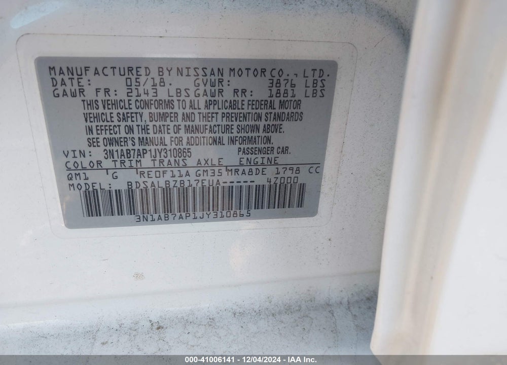 2018 NISSAN SENTRA VIN: 3N1AB7AP1JY310865