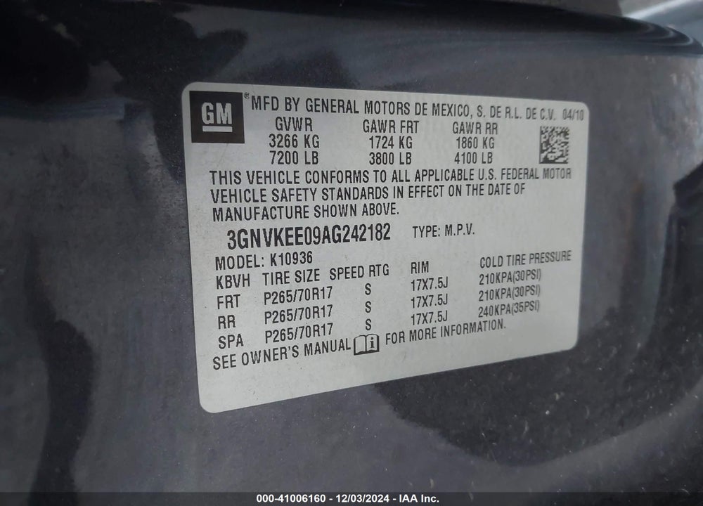 2010 CHEVROLET AVALANCHE 1500 LS VIN: 3GNVKEE09AG242182
