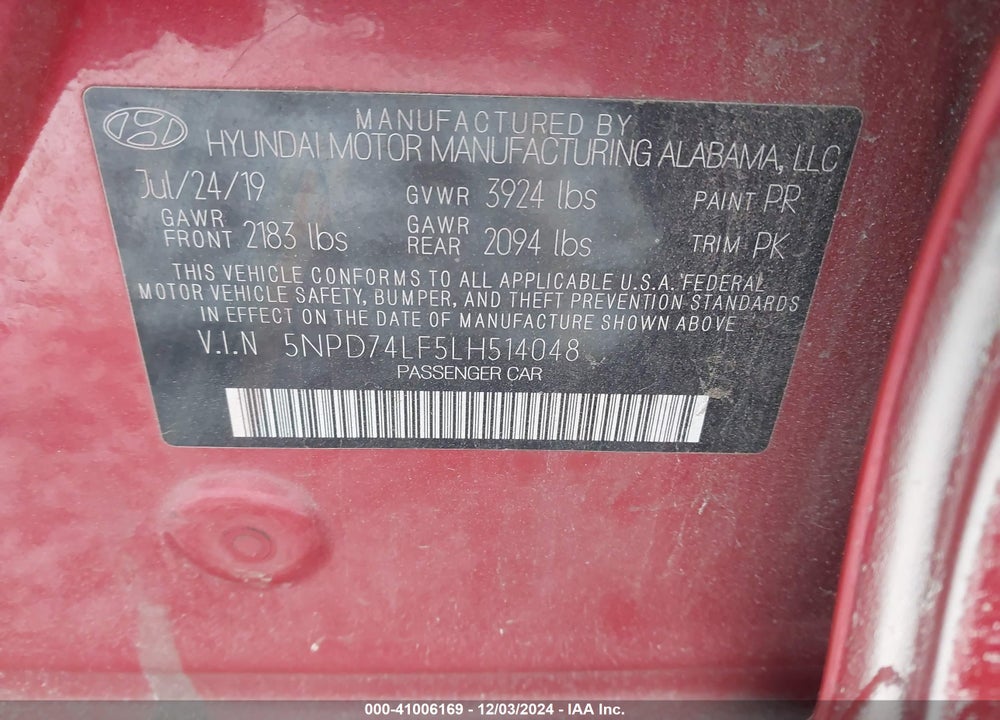 2020 HYUNDAI ELANTRA VIN: 5NPD74LF5LH514048
