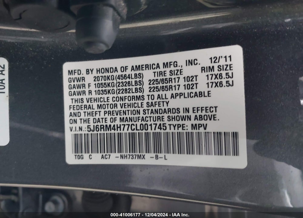 2012 HONDA CR-V EX-L VIN: 5J6RM4H77CL001745