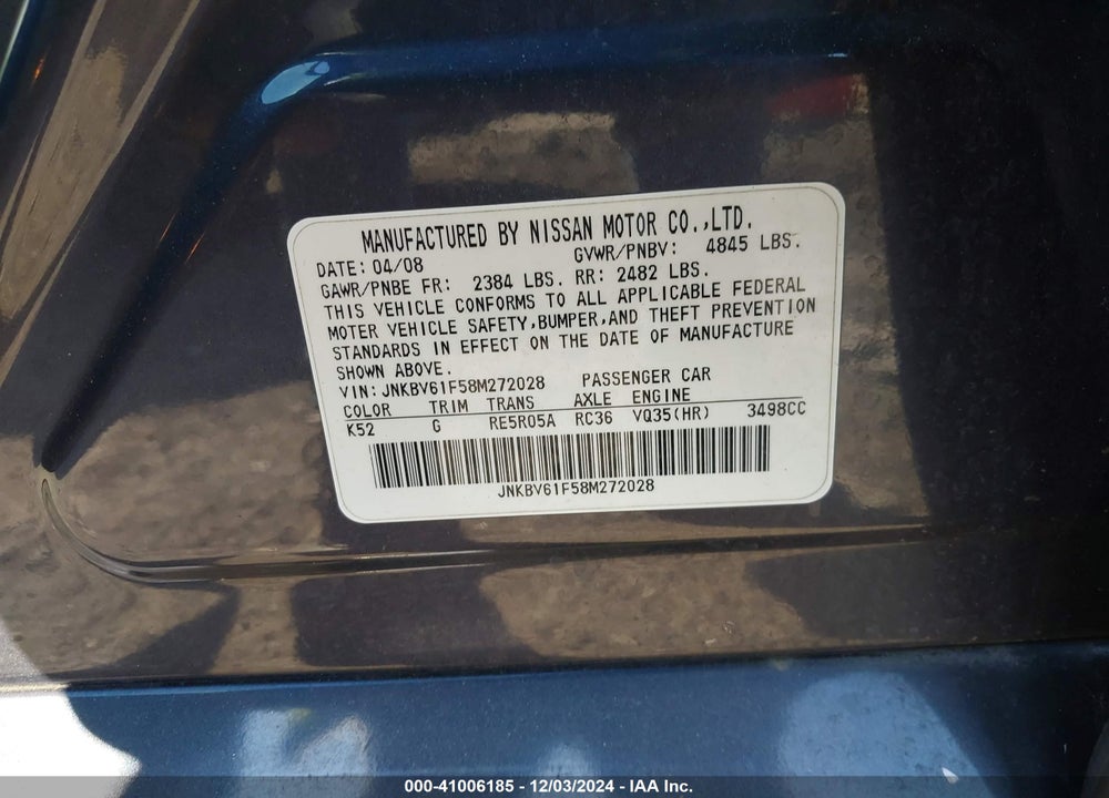 2008 INFINITI G35X VIN: JNKBV61F58M272028