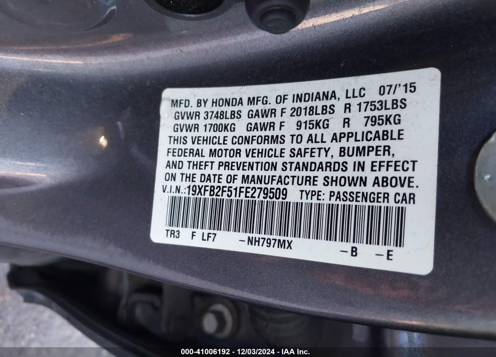 2015 HONDA CIVIC LX VIN: 19XFB2F51FE279509