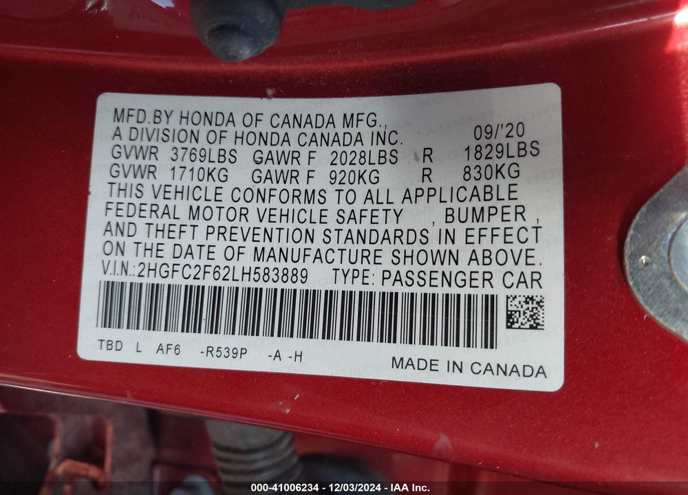 2020 HONDA CIVIC LX VIN: 2HGFC2F62LH583889