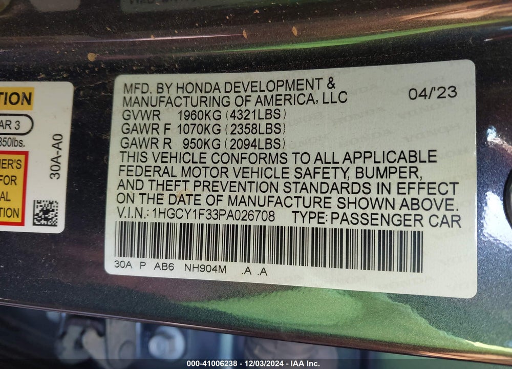 2023 HONDA ACCORD EX VIN: 1HGCY1F33PA026708
