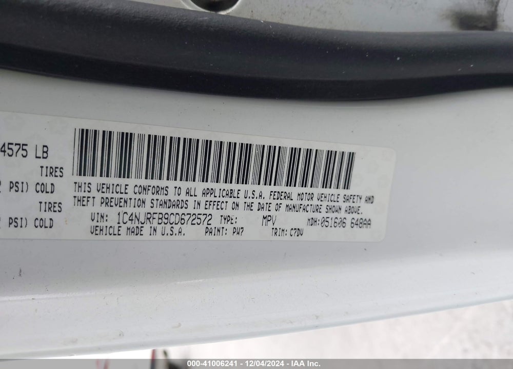 2012 JEEP PATRIOT LATITUDE VIN: 1C4NJRFB9CD672572