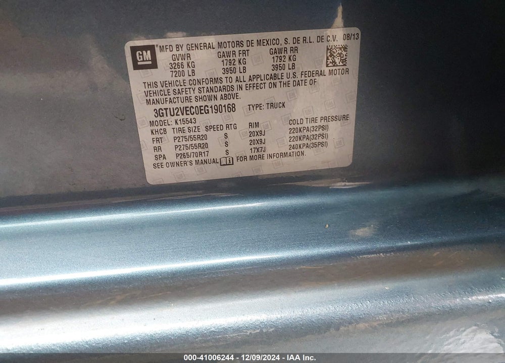 2014 GMC SIERRA 1500 SLT VIN: 3GTU2VEC0EG190168