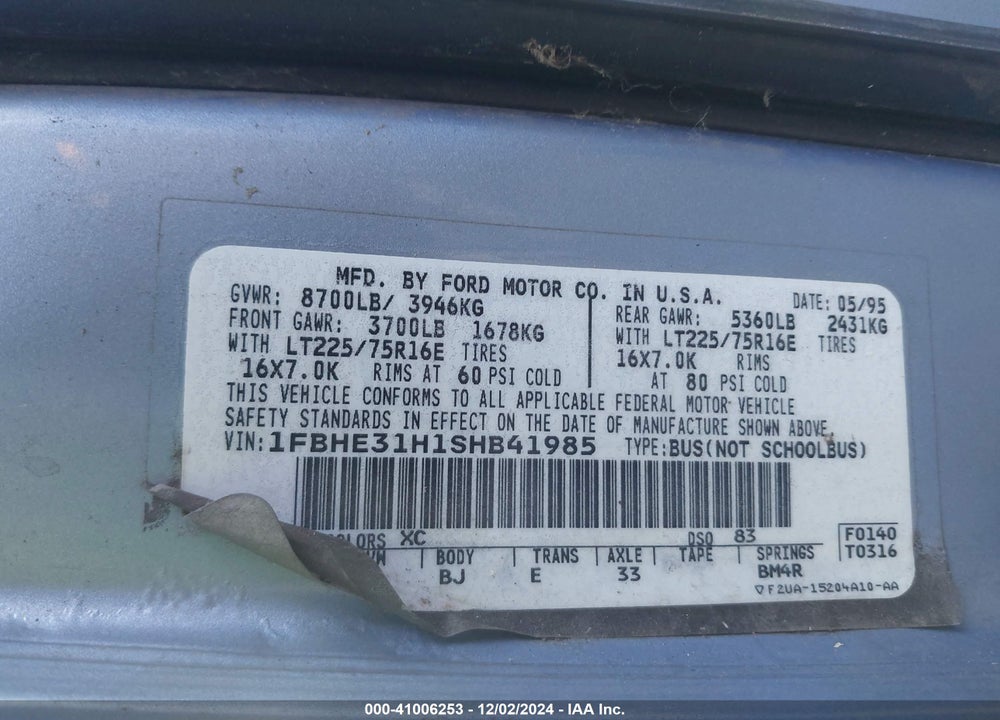1995 FORD ECONOLINE E350 VIN: 1FBHE31H1SHB41985