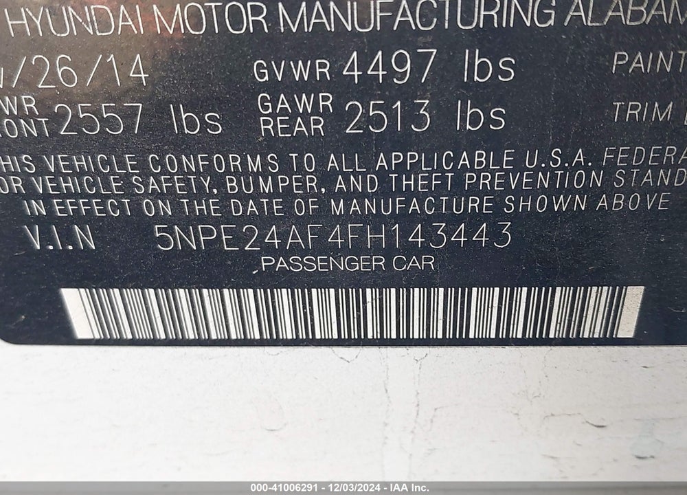2015 HYUNDAI SONATA VIN: 5NPE24AF4FH143443