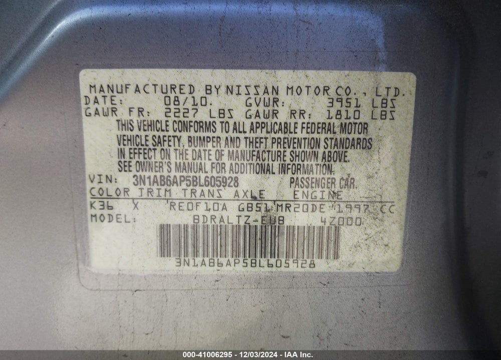 2011 NISSAN SENTRA 2.0S VIN: 3N1AB6AP5BL605928