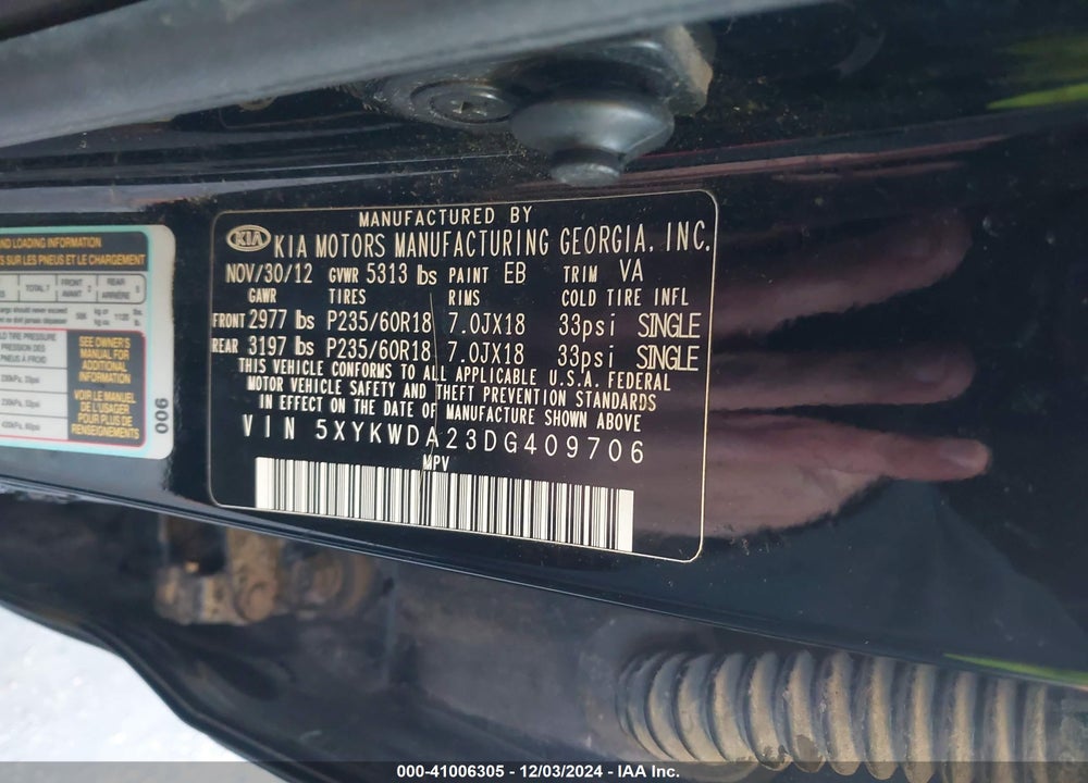 2013 KIA SORENTO SX V6 VIN: 5XYKWDA23DG409706