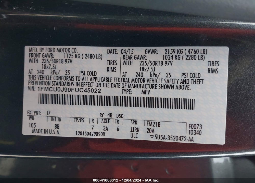2015 FORD ESCAPE TITANIUM VIN: 1FMCU0J90FUC45022