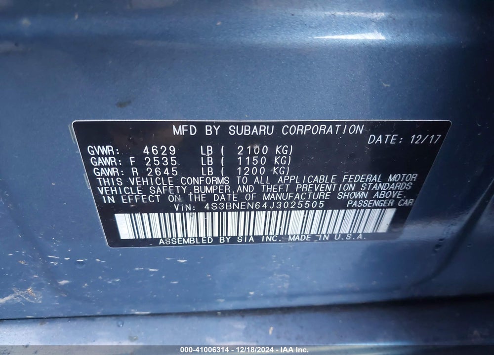 2018 SUBARU LEGACY 3.6R LIMITED VIN: 4S3BNEN64J3025505
