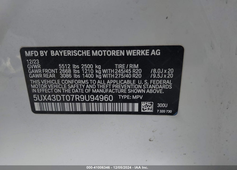 2024 BMW X4 M40I VIN: 5UX43DT07R9U94960
