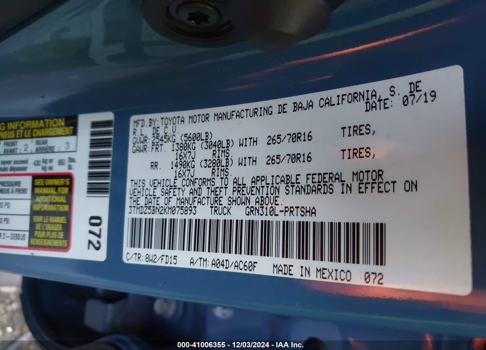2019 TOYOTA TACOMA 4WD VIN: 3TMDZ5BN2KM075893
