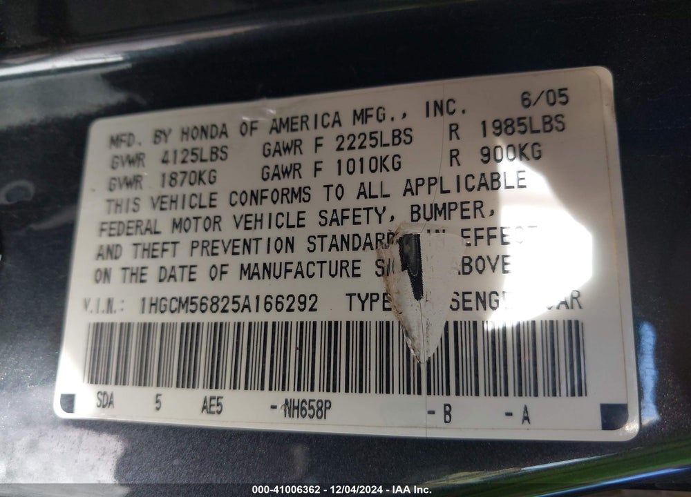 2005 HONDA ACCORD 2.4 EX VIN: 1HGCM56825A166292
