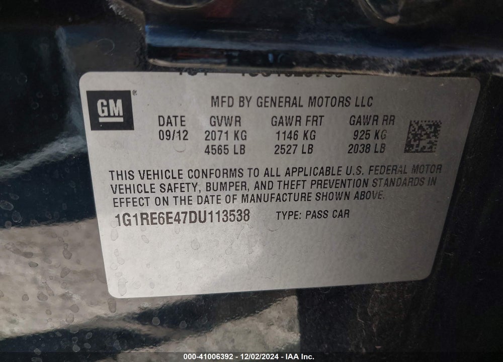 2013 CHEVROLET VOLT VIN: 1G1RE6E47DU113538