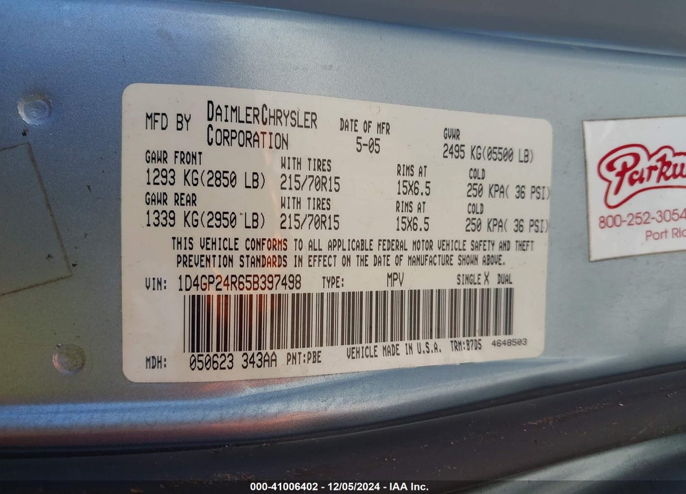 2005 DODGE GRAND CARAVAN SE VIN: 1D4GP24R65B397498