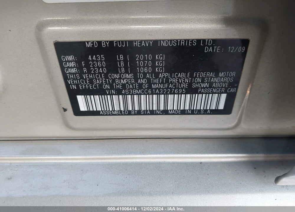 2010 SUBARU LEGACY 2.5I PREMIUM VIN: 4S3BMCC61A3227695
