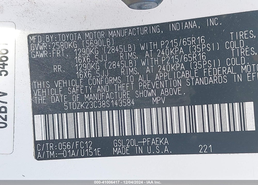 2008 TOYOTA SIENNA LE VIN: 5TDZK23C38S143584