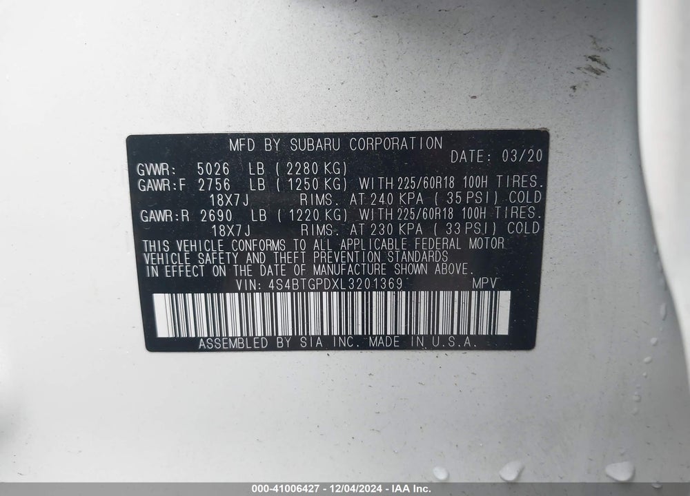 2020 SUBARU OUTBACK TOURING XT VIN: 4S4BTGPDXL3201369