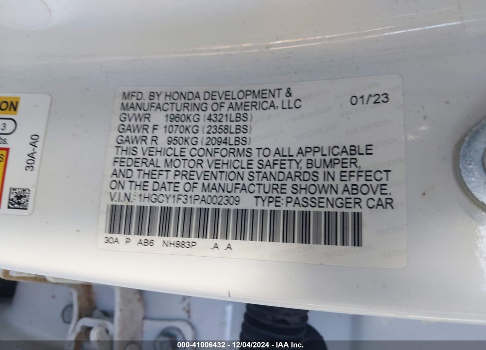 2023 HONDA ACCORD EX VIN: 1HGCY1F31PA002309