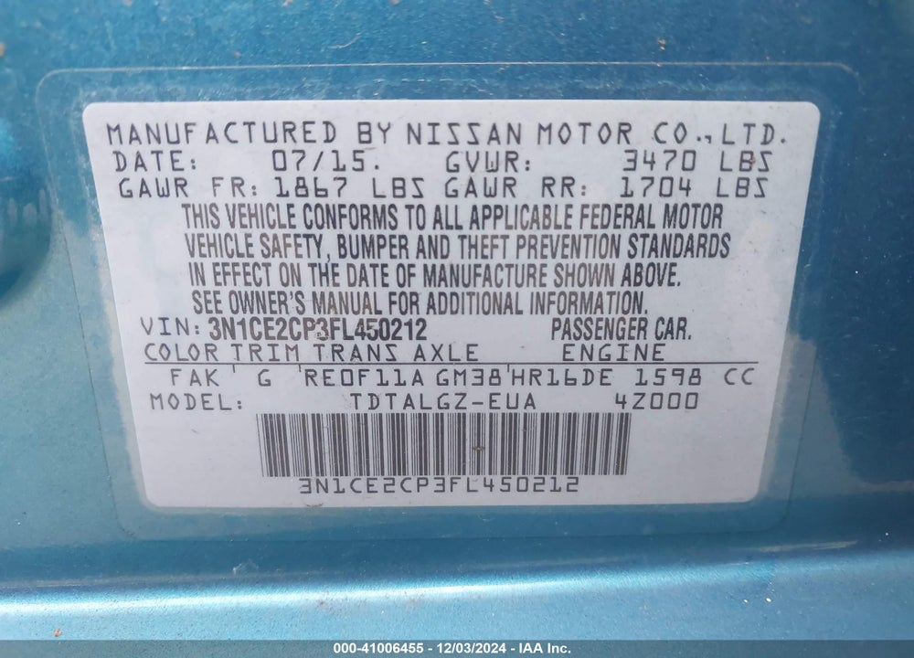 2015 NISSAN VERSA NOTE SR VIN: 3N1CE2CP3FL450212