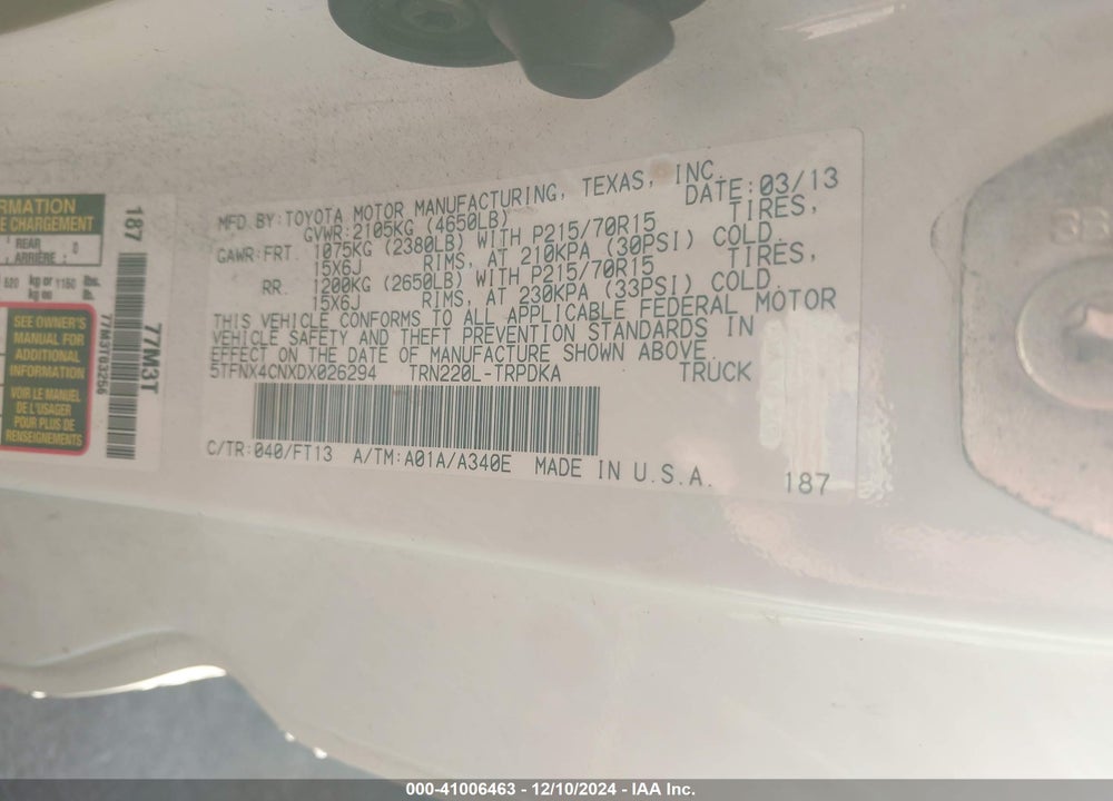2013 TOYOTA TACOMA VIN: 5TFNX4CNXDX026294