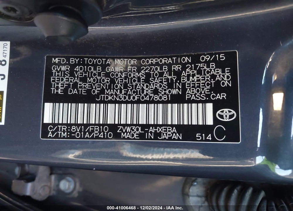 2015 TOYOTA PRIUS TWO VIN: JTDKN3DU0F0478081