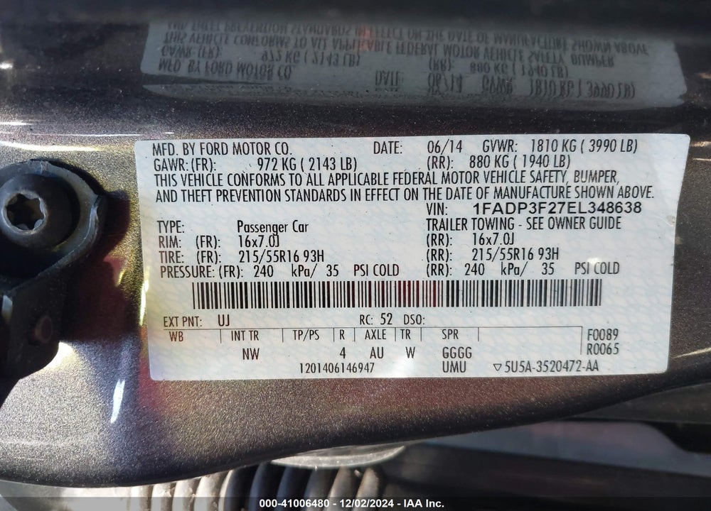 2014 FORD FOCUS SE VIN: 1FADP3F27EL348638